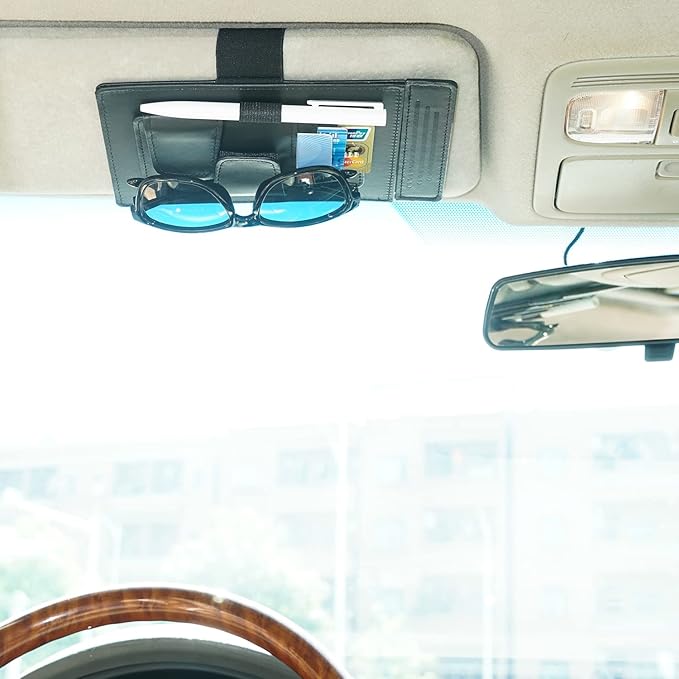 Universal Car Sun Visor Organizer and Extender - Anti-Glare Sunshade with Multi-Pocket Storage for Sunglasses, Cards, and More - Improve Driver Safety and Convenience, 1 Piece (Black)