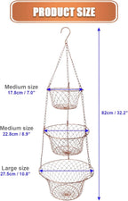 Hanging Fruit Basket – 3 Tier Hanging Baskets for Kitchen – Heavy Duty Wire Fruit and Vegetable Basket with Hooks, Copper Fin