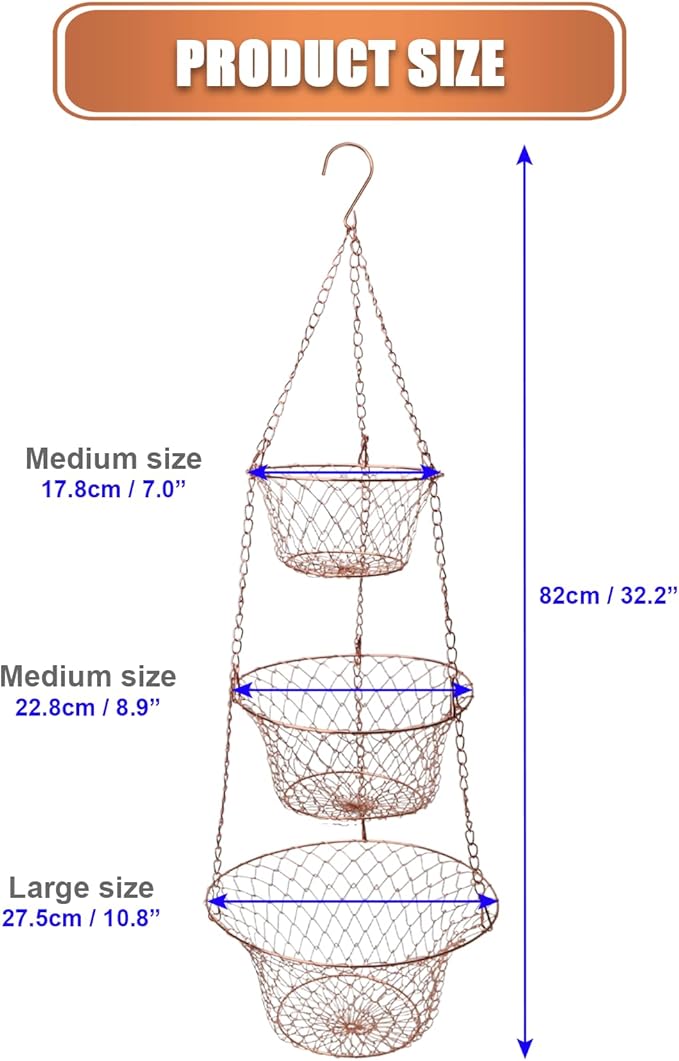 Hanging Fruit Basket – 3 Tier Hanging Baskets for Kitchen – Heavy Duty Wire Fruit and Vegetable Basket with Hooks, Copper Fin