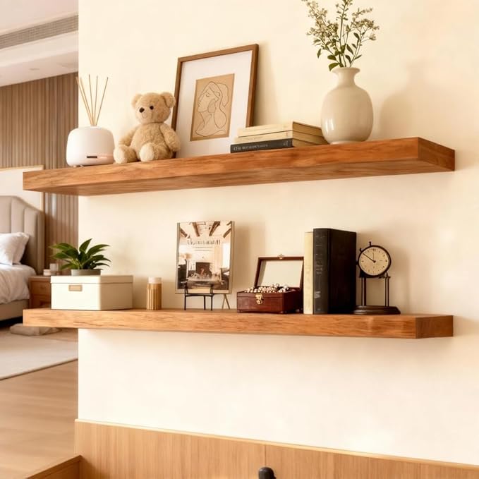 ROGMARS 36 Inches Long Walnut Floating Shelves,Rustic Solid Wood Farmhouse Wall Shelves with Invisible Brackets for Bathroom,