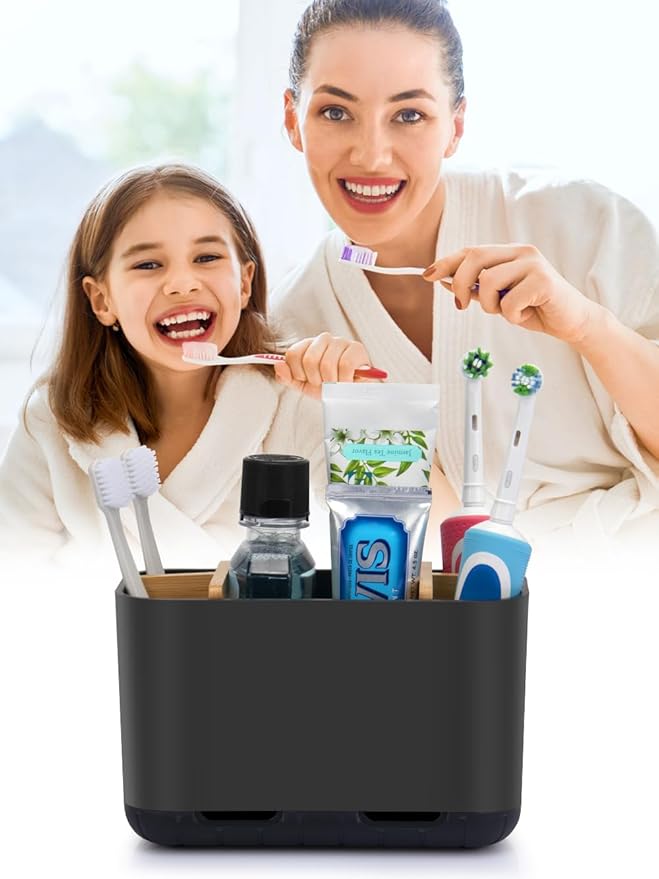 GFWARE Black Toothbrush Holder, Bamboo Toothbrush and Toothpaste Holder with Drainage, Electric Kids Matte Black Toothbrush H