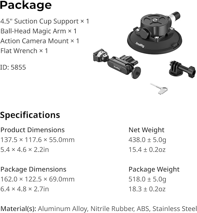 SMALLRIG 4.5" Suction Cup Mount with Ball Head Magic Arm, Camera Mount for DJI Osmo Action 5 Pro/4, for Insta360 x5, for Gopro 13/12,on Car Windshield or Window, Compatible with Action Cameras-5855