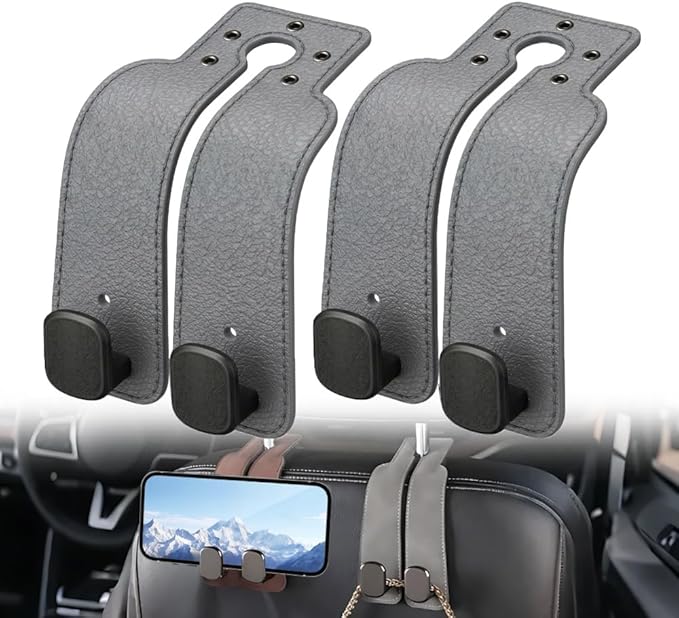 Car Seat Headrest Hooks for Purses and Bags, 2 Pack Car Seat Back Organizer Storage Hook, Car Purse Holder Between Seats Hanger, Headrest Back Seat Handbags Hook Hanging Accessories, Grey