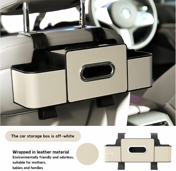 Back Seat Car Organizer, 4-in-1 Multifunctional Storage Box with Cup Holder & Tissue Holder, Premium Leather Adjustable Seat Back Organizer for Phone, Snacks, Purse for SUV Minivan Travel (Beige)