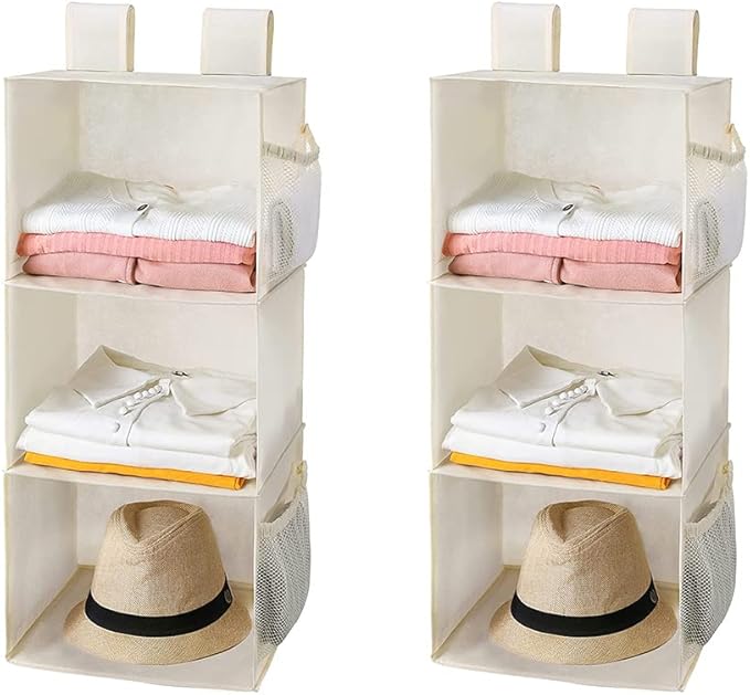 MAX Houser 3-Shelf Hanging Closet Organizers, Collapsible Closet Hanging Shelves for Camper, Nursery Hanging Organizers, Beig