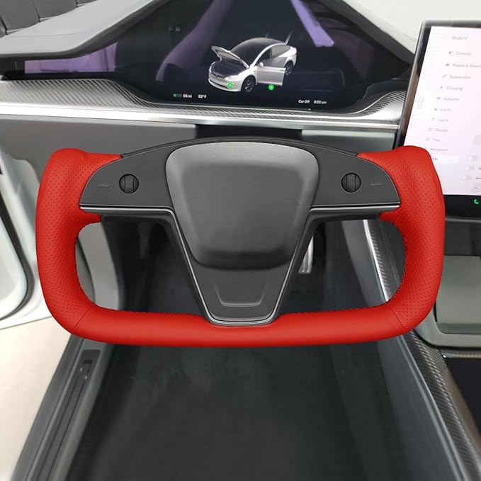 MEWANT Hand Stitched Red Leather Tesla Model S Yoke Steering Wheel Cover Wrap for Tesla Model S 2021-2023 / Model X 2021-2023 Tesla Yoke Steering Wheel Accessories