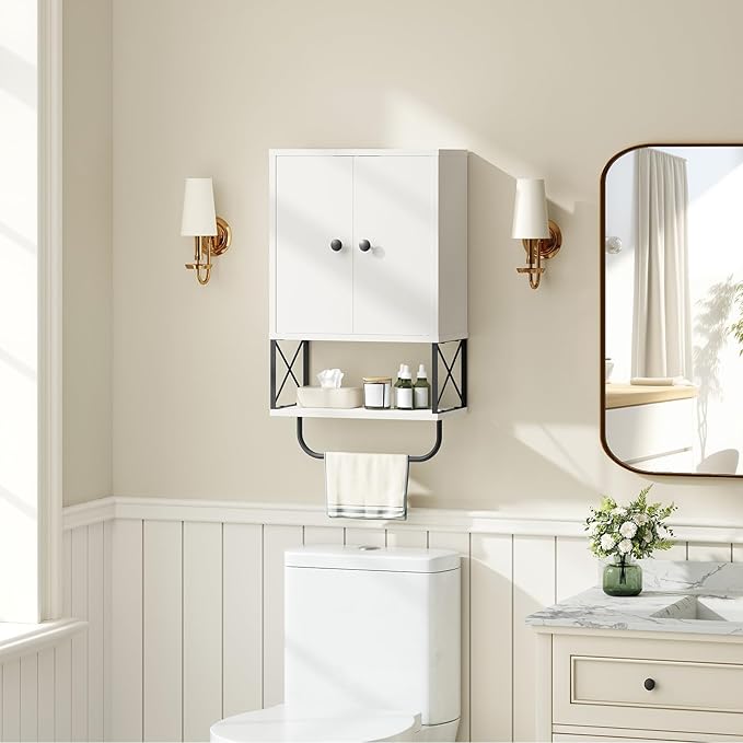 MAHANCRIS Bathroom Wall Cabinet with 2 Door and Adjustable Shelf, Farmhouse Medicine Cabinet with Towel Rack, 3-Tier Wall Mou