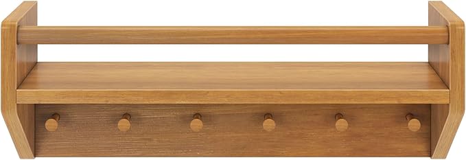 Max & Lily Wall Shelf with Pegs, 24 Inch Floating Bookshelf for Kids Room, Solid Wood Wall-Mounted Storage Shelf with Hooks f