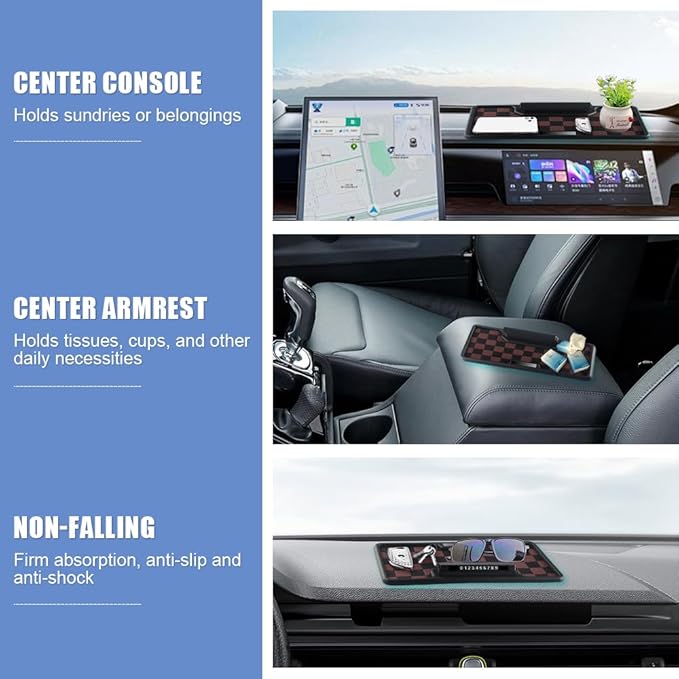 Car Anti Slip Mat Dashboard Tray Decorations Sticky Pad Multi Functional Thicken Washable Checkerboard Design with Universal 