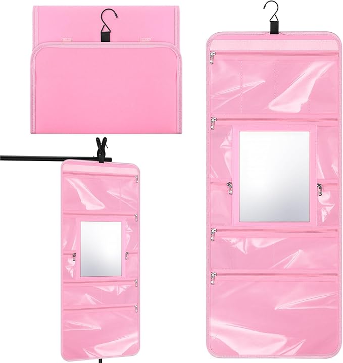 Hanging Toiletry Bag with Mirror for Men Women Travel Kit Large Foldable Beauty Dance Makeup Bag Organizer Storage Waterproof