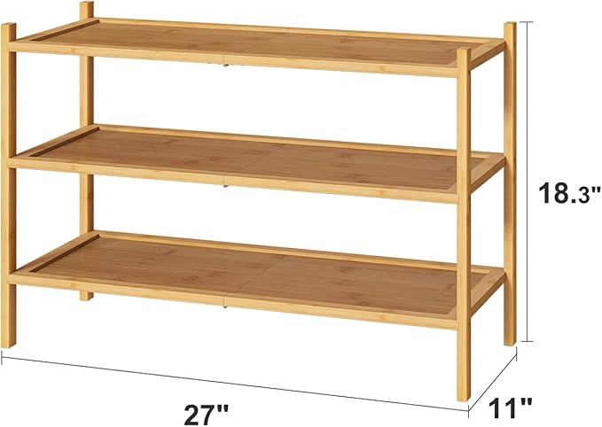 kiplant 3-Tier Shoe Rack for Closet, Bamboo Wood Shoe Rack for Indoor & Outdoor, Stackable Shoe Organizer for Entryway (Natur