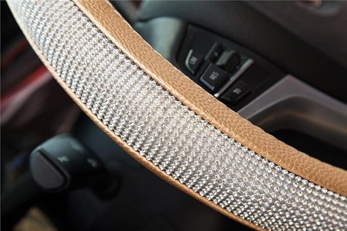 New Diamond Leather Steering Wheel Cover with Bling Bling Crystal Rhinestones, Universal Fit 15 Inch Car Wheel Protector for 