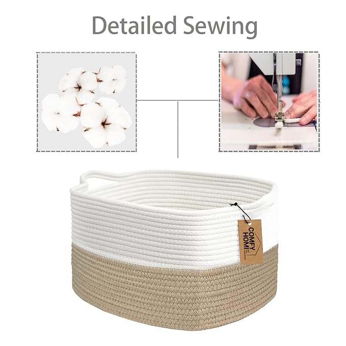 COMFY-HOMI Cotton Rope Woven Basket with Handles for Shelves,Toys,Book, Cloth Storage Baskets Bin for Organizing-13.5"x11"x9.