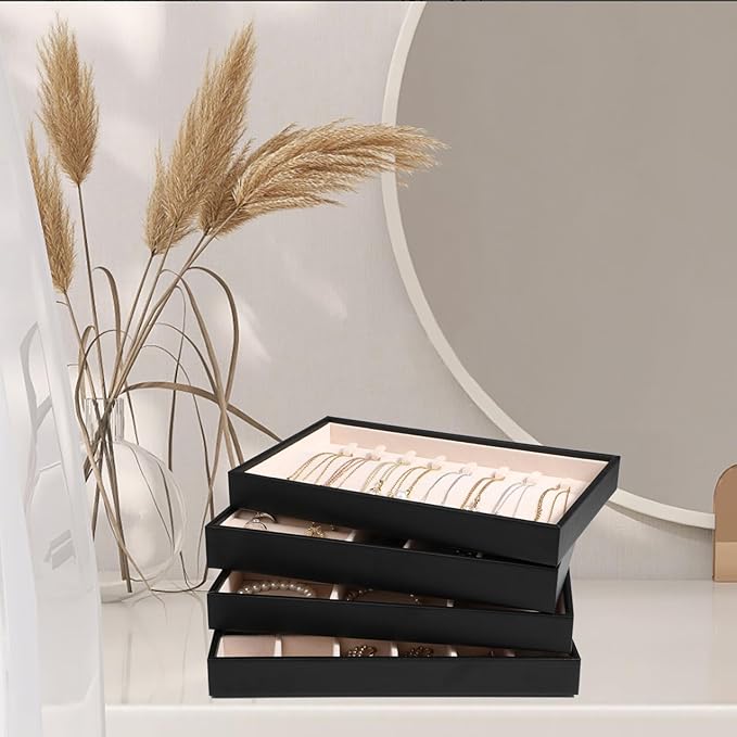 LANDICI Stackable Jewelry Organizer Trays 4 Set,PU Leather Jewelry Organizer Drawer,Jewelry Storage Display Tray for Earring 