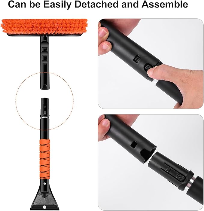 Odoland 2 Pack 33" Extendable Snow Brush with Detachable Ice Scraper for Car Windshield with Foam Grip and 360° Pivoting Brush Head for Christmas Car Auto Truck SUV, Orange