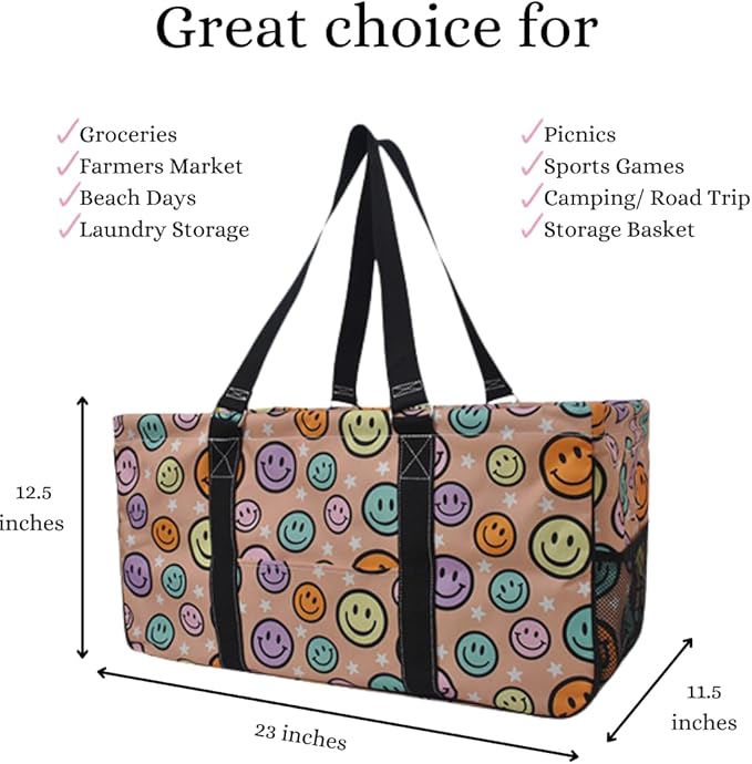 NGIL Extra Large Utility Tote Reusable Grocery Bag Oversized Collapsible for Groceries, Storage, Picnic, Beach (Smile Vibes- Black)