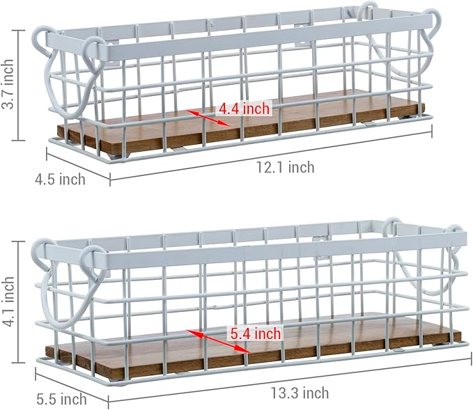 MyGift 13 and 12 Inch Nesting Storage Baskets with Handles, Wall Mounted or Tabletop White Metal Wire and Premium Acacia Wood
