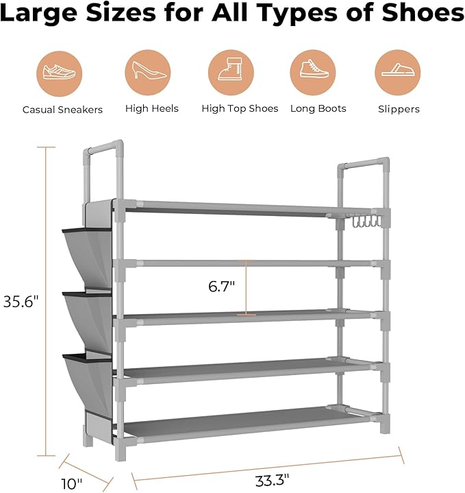 5 Tier Shoe Rack, Shoe Organizer Storage for 20-25 Pair Boot and Sneaker, Stackable Free Standing Shoe Shelf with Hooks and S