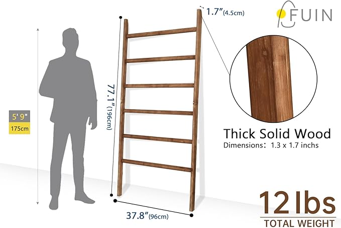 FUIN Extra Wide 6.4ft Wooden Blanket Ladder Living Room Decorative Wal Leaning Farmhouse Quilt Display Holder Rustic Wood Tow