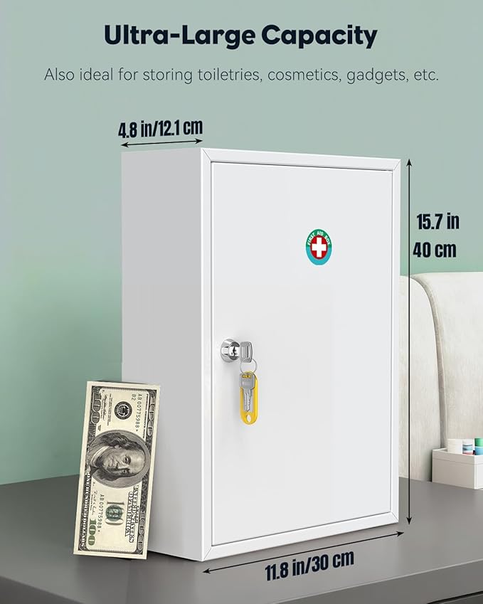 Uniclife Wall Mount Medicine Cabinet with Key Lock, Locking First Aid Cabinet, Lockable Medical Cabinet, Large Capacity Medic