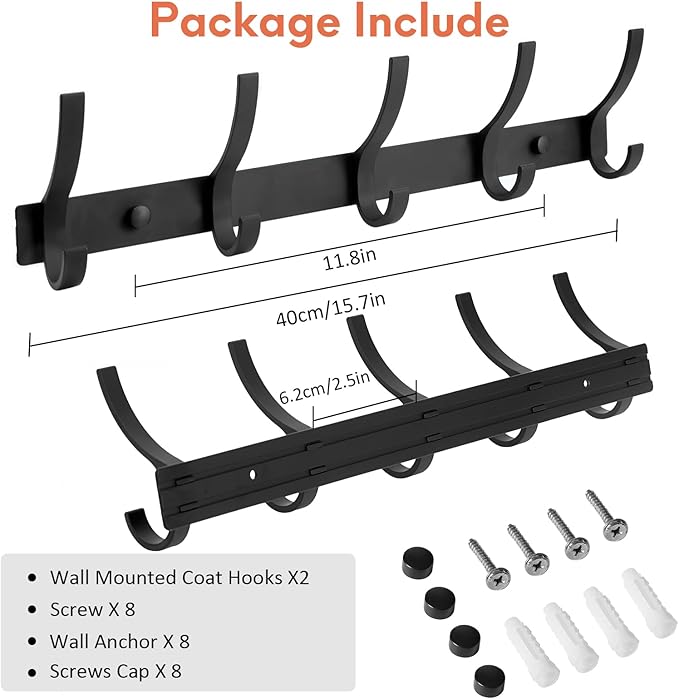 Optish Coat Rack Wall Mount, Coat Hook Wall Mount, Wall Hooks for Hanging, Hat Rack for Walls, Coats Hanger with 10 Hook, Tow