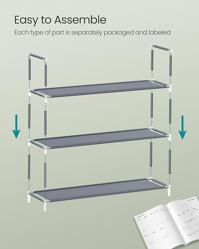 SONGMICS 3-Tier Shoe Rack, Shoe Storage for Hallway Closet, Slim and Space-Saving, Metal Frame, Non-Woven Fabric Shelves, Gre