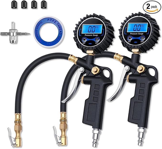 Digital Tire Pressure Gauge with Inflator - 250 PSI Heavy Duty Tire Inflator with Gauge & Quick Connect Coupler - Car Tire Air Chuck and Compressor Accessories - 0.1 Display Resolution (2 Pack)