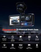 3 Channel Dash Camera for Cars,Triple Lens 4K+1080P+1080P Dash Cam Front Rear Inside,Built-in 5G WiFi & App, Night Vision,24H