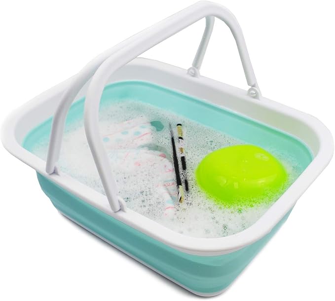 SAMMART 9.2L (2.37Gallon) Collapsible Tub with Handle - Portable Outdoor Picnic Basket/Crater - Foldable Shopping Bag - Space Saving Storage Container (1, White/Lake Green)