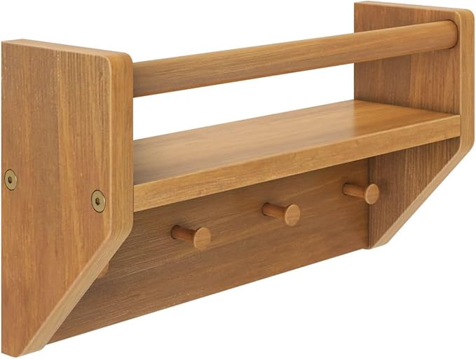 Max & Lily Wall Shelf with Pegs, 16 Inch Floating Bookshelf for Kids Room, Solid Wood Wall-Mounted Storage Shelf with Hooks f