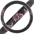BDK Design Comfort Grip Steering Wheel Cover for Car SUV Van and Truck, 15 inch Standard Size, Pink Butterflies