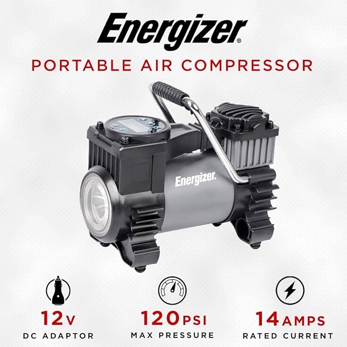 Energizer Air Compressor Portable Tire Inflator, 12V DC Air Pump for Car Tires with Digital Tire Pressure Gauge, 120 Max PSI, Preset Pressure Feature, LED, Digital Display - Includes Storage Bag
