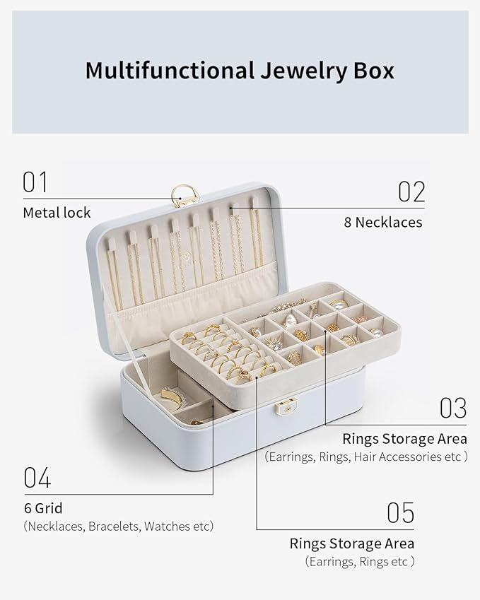 Vlando Jewelry Box Organizer for Women Girl,Lockable Jewelry Case Boxes with 2 Layers,Earrings Necklace,Rings Storage,Gift Bo