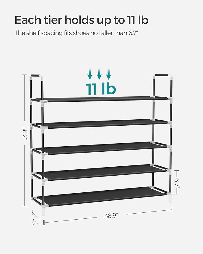 SONGMICS 5-Tier Shoe Rack, Shoe Storage for Hallway Closet, Slim and Space-Saving, Metal Frame, Non-Woven Fabric Shelves, Bla