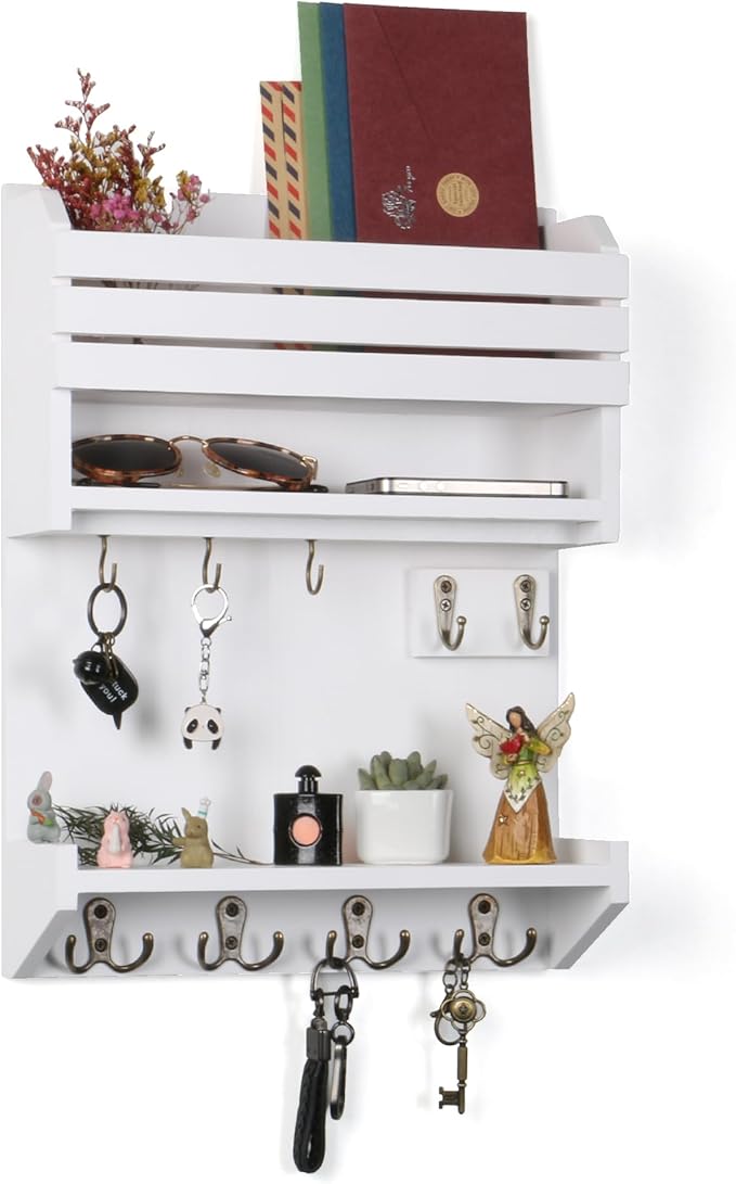 Key Holder, Wall Mounted Mail Organizer, Keys Holder on Wall with 9 Key Hooks, White