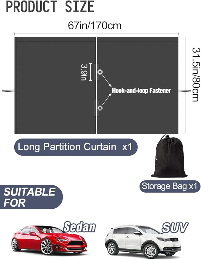 PAMASE Car Divider Curtain - Wide Car Privacy Blackout Shades with Storage Bag for Baby Nap, Removable Sedan SUV Van Sunshade Covers Screen for Car Camping Sleeping Accessories