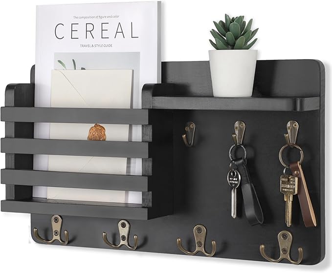 Nekon Mail Holder for Wall Mail Organizer with Key Hooks Hallway Farmhouse Decor Storage Racks with Floating Shelf and Flush 