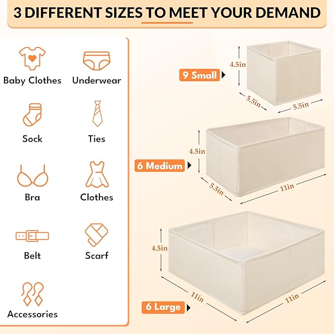 Premium Natural Linen Drawer Organizer Clothes, 21 Pack Dresser Organizer for Baby Clothes, Underwear, Socks, 3 Sizes Foldabl