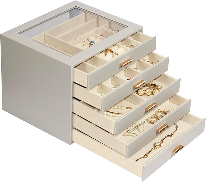 Jewelry Box with Glass Lid, 5-Layer Jewelry Organizer for Women Girls, PU Leather Display Case with 20-Grid Earring Tray & Mo