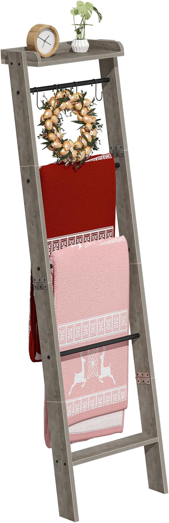 Hzuaneri Blanket Ladder Shelf, Decorative Quilt Rack, 6-Tier Farmhouse Ladder Holder Organizer with 4 Removable Hooks 7.9" D 