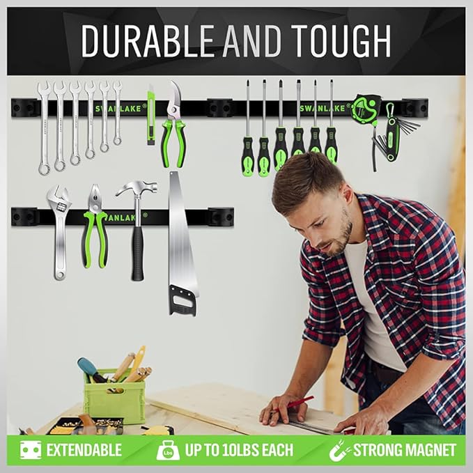SWANLAKE GARDEN TOOLS 4-Piece 12" Magnetic Tool Holder Storage Organizer, Wall Mount Rack Garage Organization, Magnetic Strip