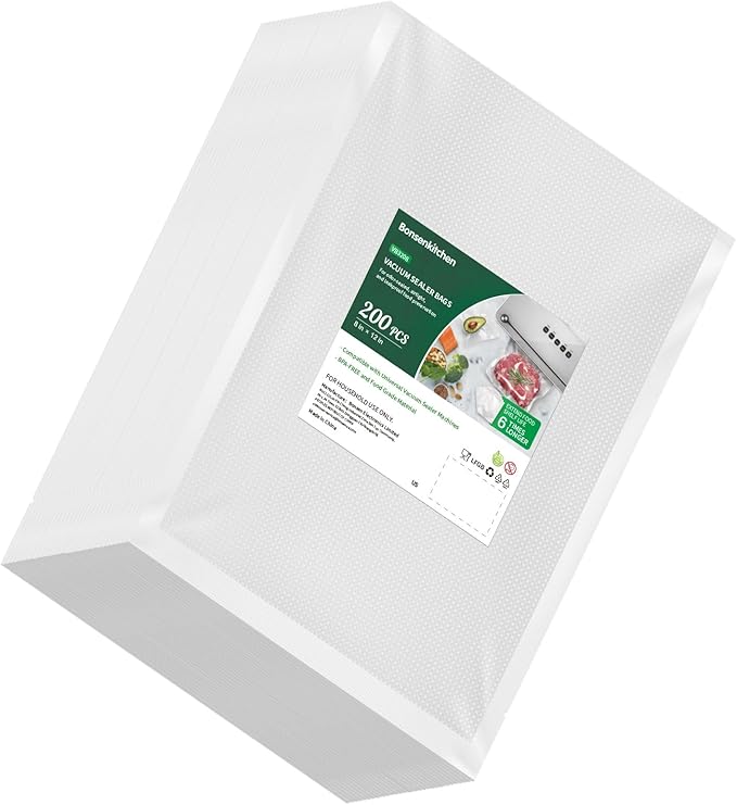 Bonsenkitchen Precut Vacuum Sealer Bags 200 Quart 8" x 12", BPA Free, Commercial Grade Textured Food Vacuum Sealer Bag, Thick