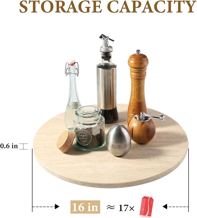 Koville 16'' Beige Marble Lazy Susan Travertine Turntable for Kitchen Dinning, Marble Lazy Susans Organizer for Cabinet, Serv