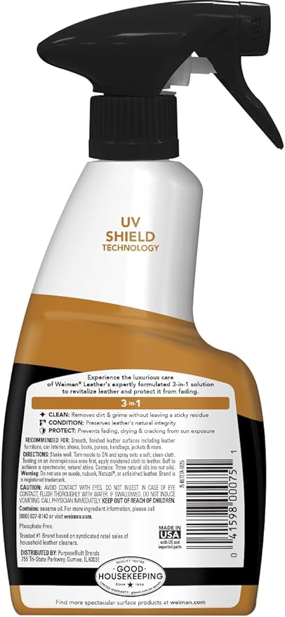 Weiman Leather Cleaner & Conditioner - Cleans, Restores & Protects Leather, UV Protection Prevent Cracking & Fading, For Car 