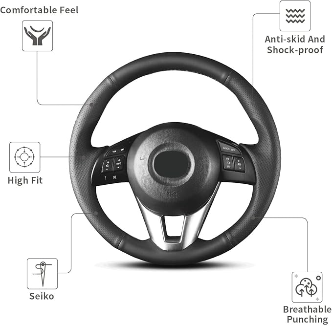 Hand Sewn Microfiber Leather Steering Wheel Cover on Wrap,Fit for Mazda 3 2014-2016 Mazda 6 2014-2016 Mazda 2 2015-2017 CX-3 2016-2017 CX-5 2013-2016 for Scion iA 2017