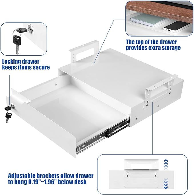 Under Desk Drawer Storage with Lock, 17.3"x11.8"x5.4", Metal Undermount Table Drawer, Ball Bearing Slides Out Tray Organizer 