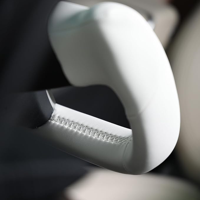 MEWANT Hand Stitched White Leather Steering Wheel Cover Wrap for Tesla Model S 2021-2023 / Model X 2021-2023 Steering Wheel Accessories