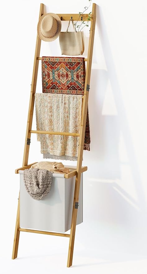 BAMBANG Bamboo Blanket Ladder with Basket, 5-Tier Quilt Rack Stand with 4 Hooks & Storage Hamper for Living Room Bathroom, Wa