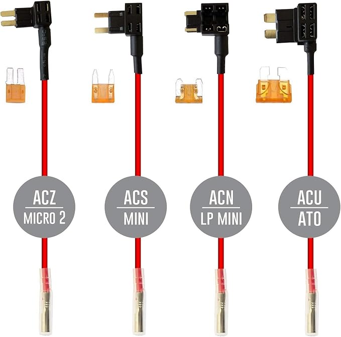 15ft Micro USB & Mini USB Dash Cam & Type-C Hardwire Kit w. Mini(ACS)/LP Mini(ACN)/ATO(ATC or ACU)/Micro2(ACZ) Fuse, Micro to Mini/USB-C Port Adapters & Battery Drain Protection