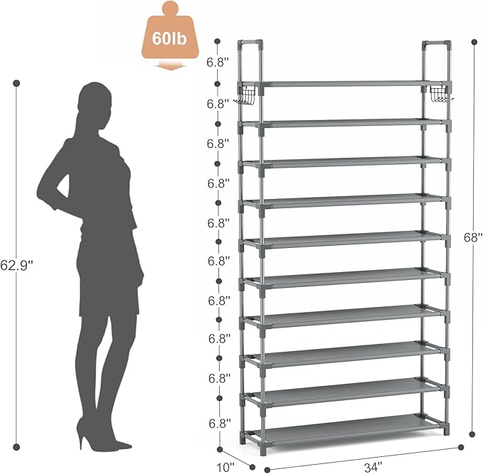 VTRIN 10 Tiers Shoe Rack Tall Large Capacity Wide Shoe Organizer Sturdy Shoe Shelf for Entryway with Two Hooks Metal Shoe Sto